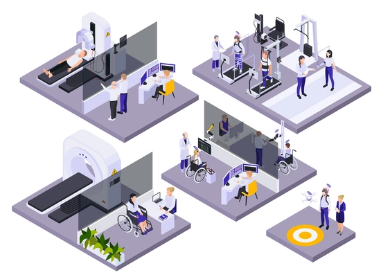 Brain neural stimulation chip implants installation rehabilitation restorative neurosurgery concept medical center interior isometric compositions vector illustration