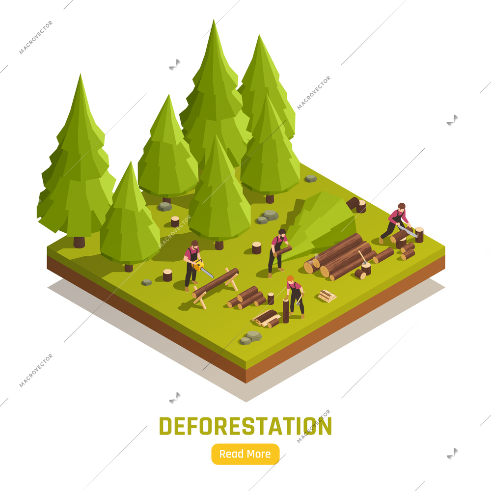 Four lumberjacks sawing felled timber outdoors 3d isometric vector illustration