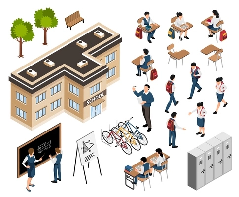 Isometric school building set with isolated icons of desks and lockers with pupils and teacher characters vector illustration