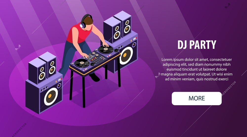 Isometric dj horizontal banner with editable text more button and character of disk jockey at decks vector illustration