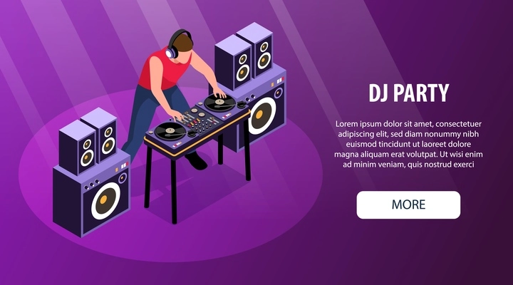 Isometric dj horizontal banner with editable text more button and character of disk jockey at decks vector illustration