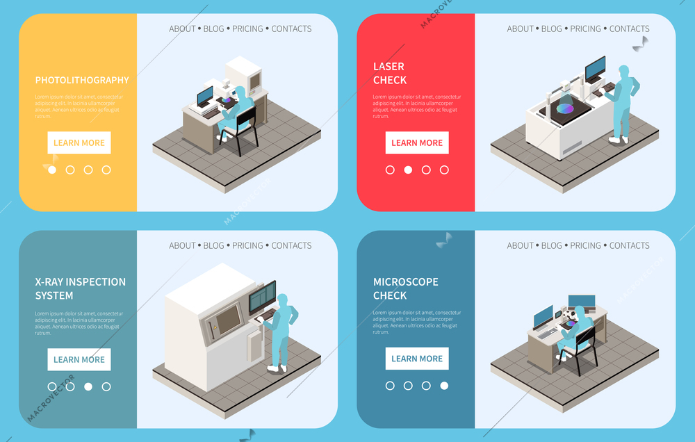 Semiconductor chip production set of horizontal banners with isometric images of factory facilities buttons and text vector illustration