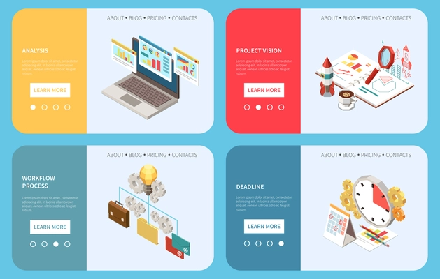 Project management isometric set of horizontal banners with icons text learn more buttons and page selector vector illustration