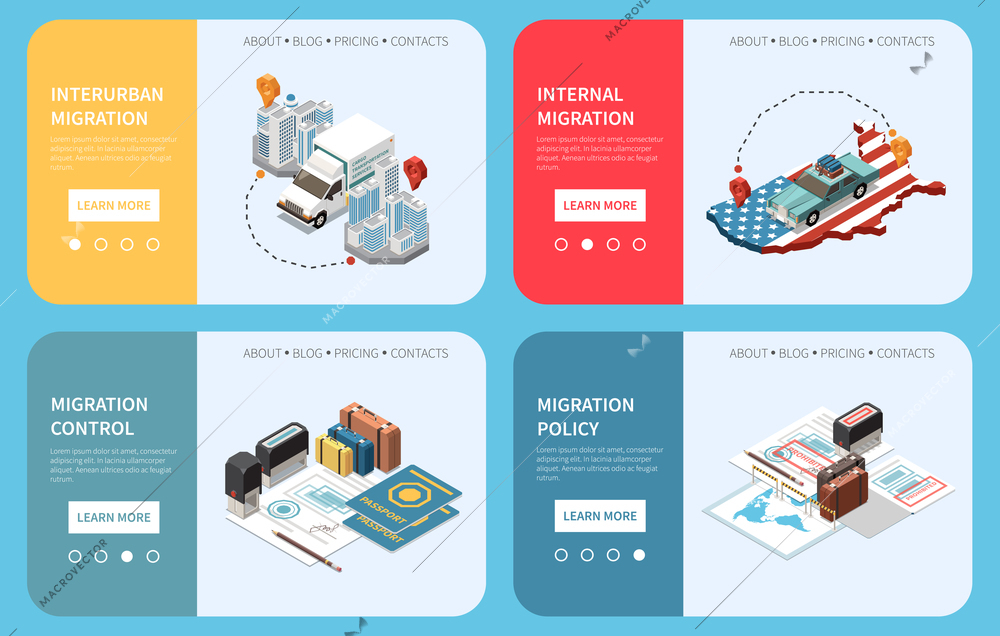 Population mobility migration displacement isometric composition with page selector learn more buttons text and document images vector illustration