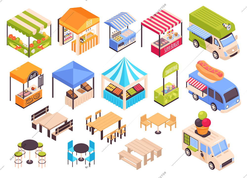 Isometric food courts fair marketplace set with isolated images of market stalls with seats and tables vector illustration