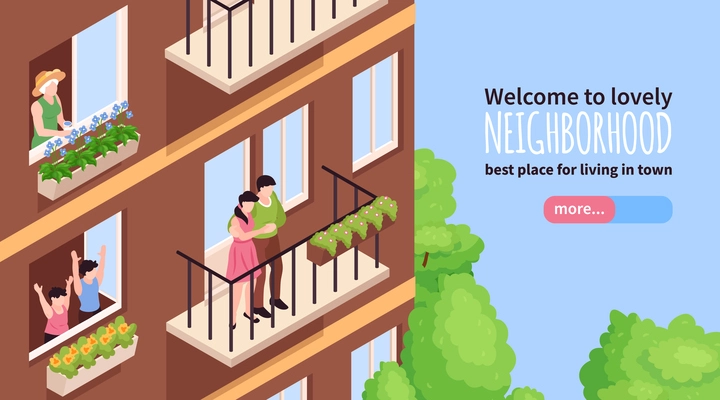 Neighbors banner with lovely town neighborhood symbols isometric vector illustration