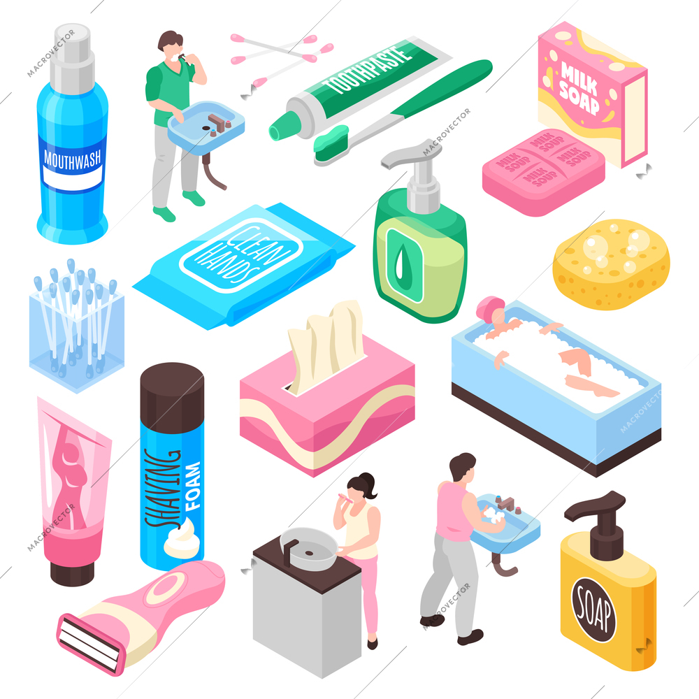 Personal family hygiene set with milk soap and toothpaste isometric isolated vector illustration