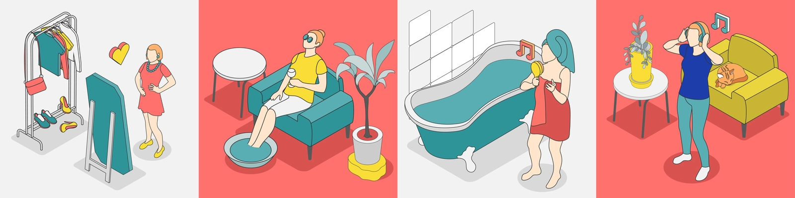 Self care concept isometric icon set with relax rest relaxation and other pleasant activities vector illustration