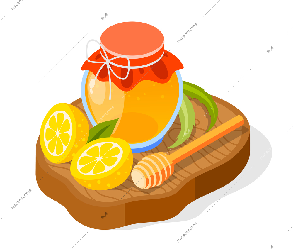 Strengthening immunity isolated isometric background with jar of honey and sliced lemon vector illustration