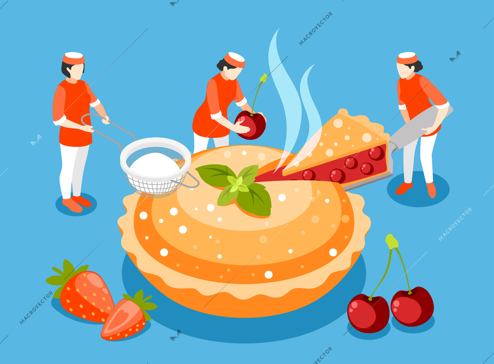 Bakery people isometric composition with pastry and cooking symbols vector illustration