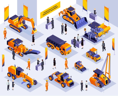 Isometric construction exhibition composition with indoor scenery of expo booth with road machinery vehicles and people vector illustration