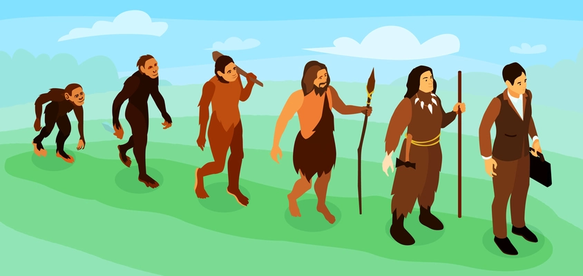 Men career evolution isometric horizontal vector illustration with male cartoon characters of prehistoric caveman and modern businessman vector illustration