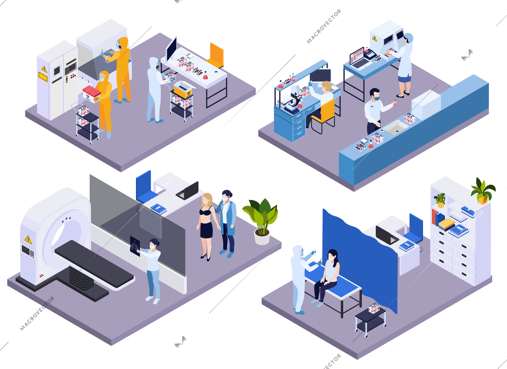 Blood and lung testing of diseased patient with using of laboratory analysis computer tomography and radiography isometric compositions vector illustration