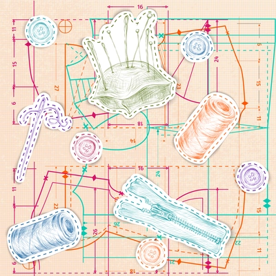 Dressmaking and needlework sketch accessories with pink paper sewing pattern background vector illustration