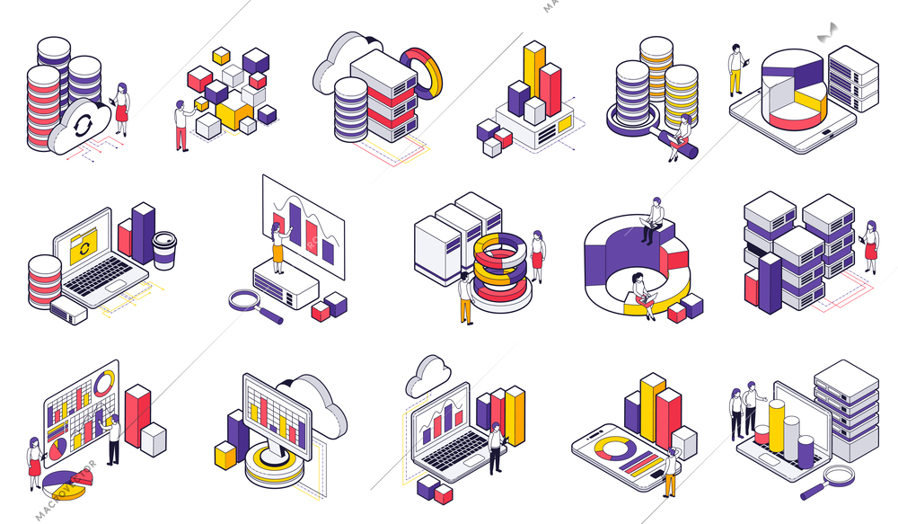 Data analysis isometric icons set  illustrated cloud exchange of digital big data by network technologies isolated vector illustration