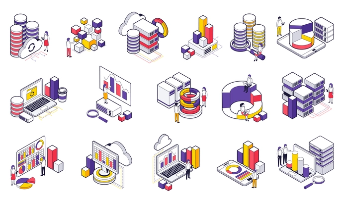 Data analysis isometric icons set  illustrated cloud exchange of digital big data by network technologies isolated vector illustration