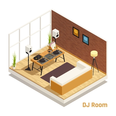 DJ set in living room isometric interior view with speakers vinyl records players turntables audio mixer vector illustration
