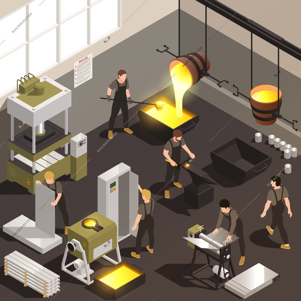 Metalworking manufacturing facility workers isometric composition with pouring molten iron casting forging rolling mill process vector illustration