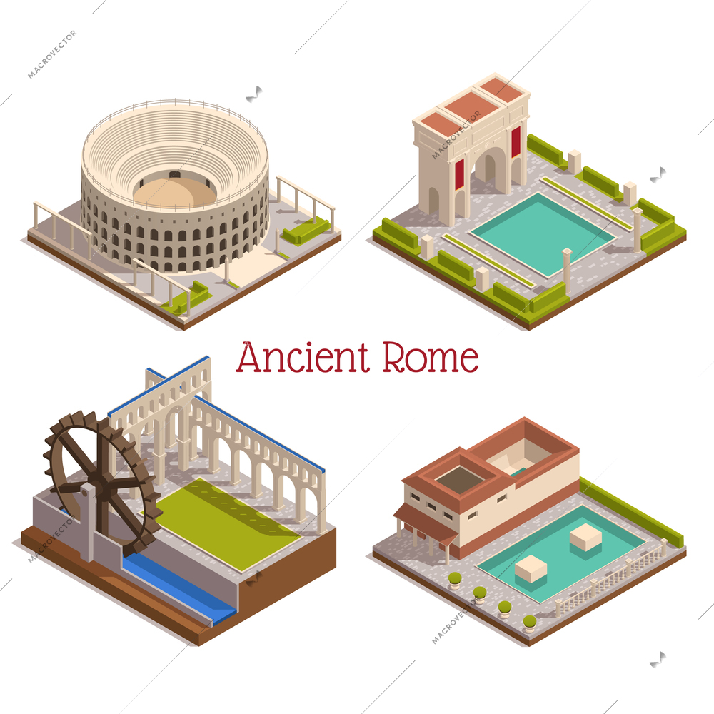 Ancient rome landmarks 4 isometric composition  with colosseum forum tabularium triumphal arch wooden watermill wheel vector illustration