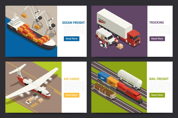 Global shipment concept 4 isometric web pages with air cargo ocean vessel trucking freight transport vector illustration