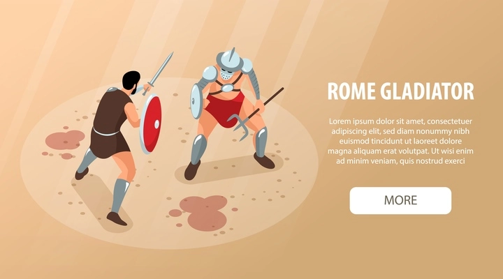 Isometric ancient rome gladiators horizontal banner with editable text more button and fighting warriors with blood vector illustration