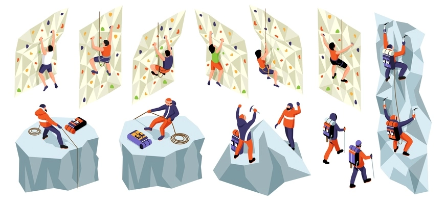 Isometric climbing mountaineering set with isolated icons of athletes hanging by walls on ropes with equipment vector illustration