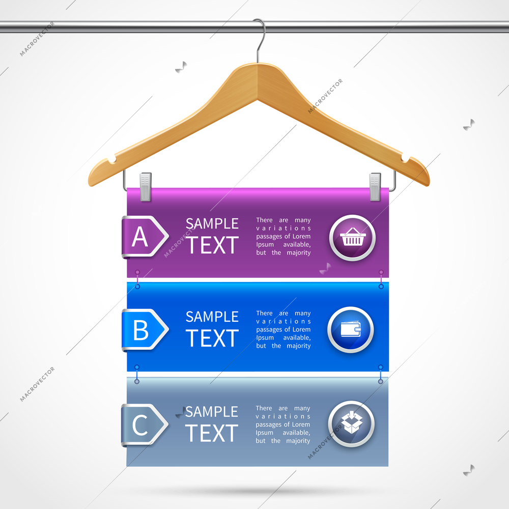 Infographics clothes wooden hanger with description on tube isolated 3d vector illustration