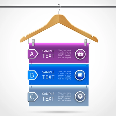 Infographics clothes wooden hanger with description on tube isolated 3d vector illustration