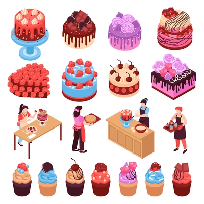 homemade dessert isometric set of cakes muffins cookies decorated with berries and chocolate isolated vector illustration