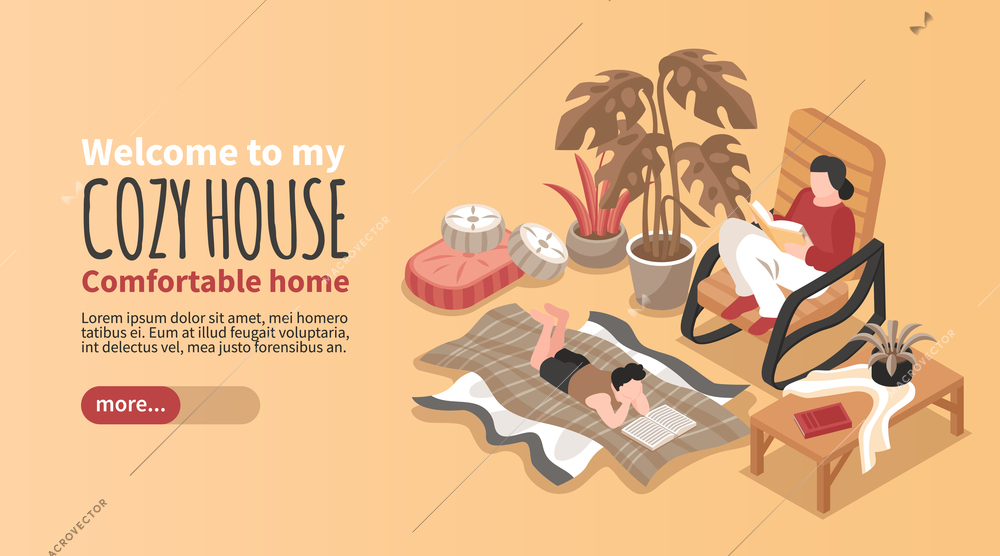 Horizontal isometric cozy house banner with two people sitting in rocking chair and lying on blanket and reading 3d vector illustration
