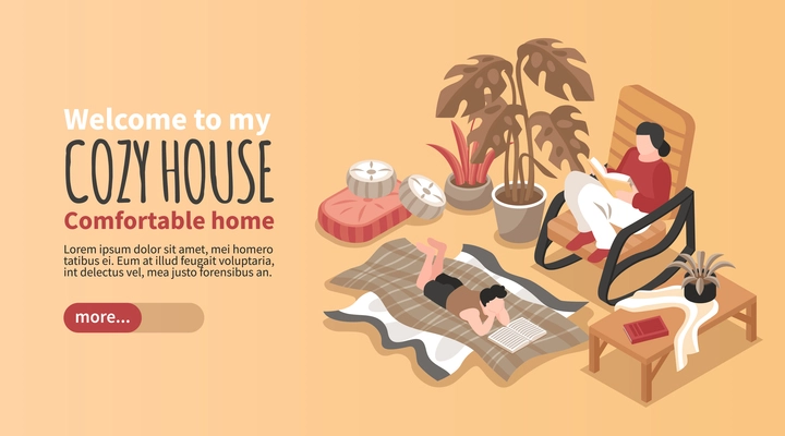 Horizontal isometric cozy house banner with two people sitting in rocking chair and lying on blanket and reading 3d vector illustration