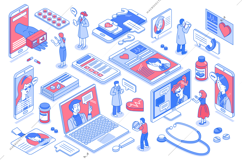 Online medicine color icons set with patients getting video consultation 3d isometric isolated vector illustration