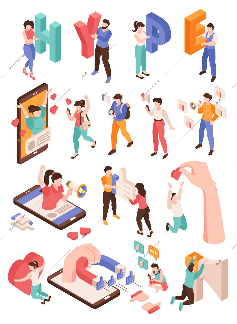 Hype and social media set isometric isolated vector illustration