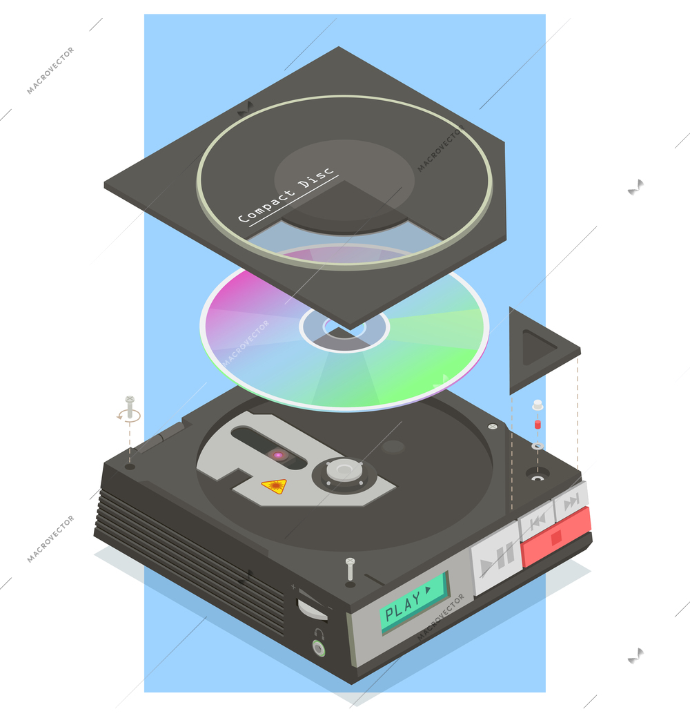 Retro devices isometric composition with profile view of compact disc player with spinning disk and lid vector illustration