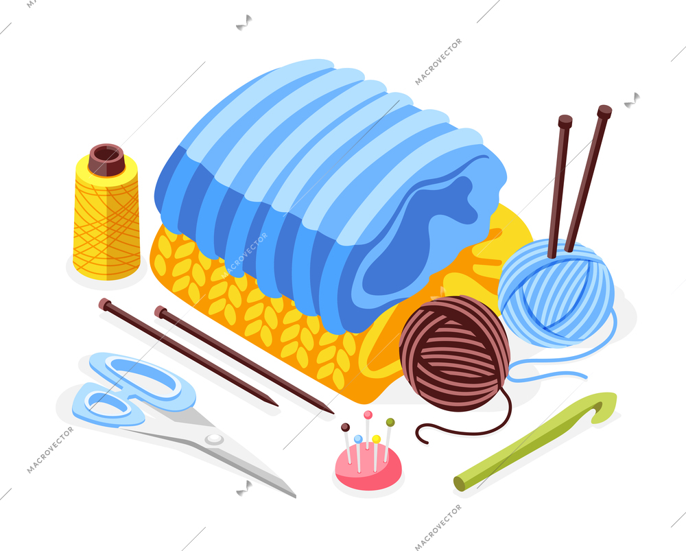 Knitting isometric composition with needles and pins isolated vector illustration