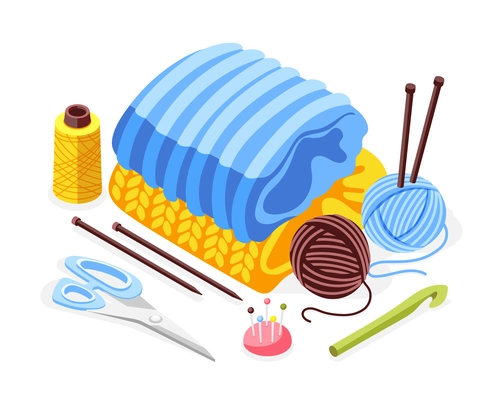 Knitting isometric composition with needles and pins isolated vector illustration