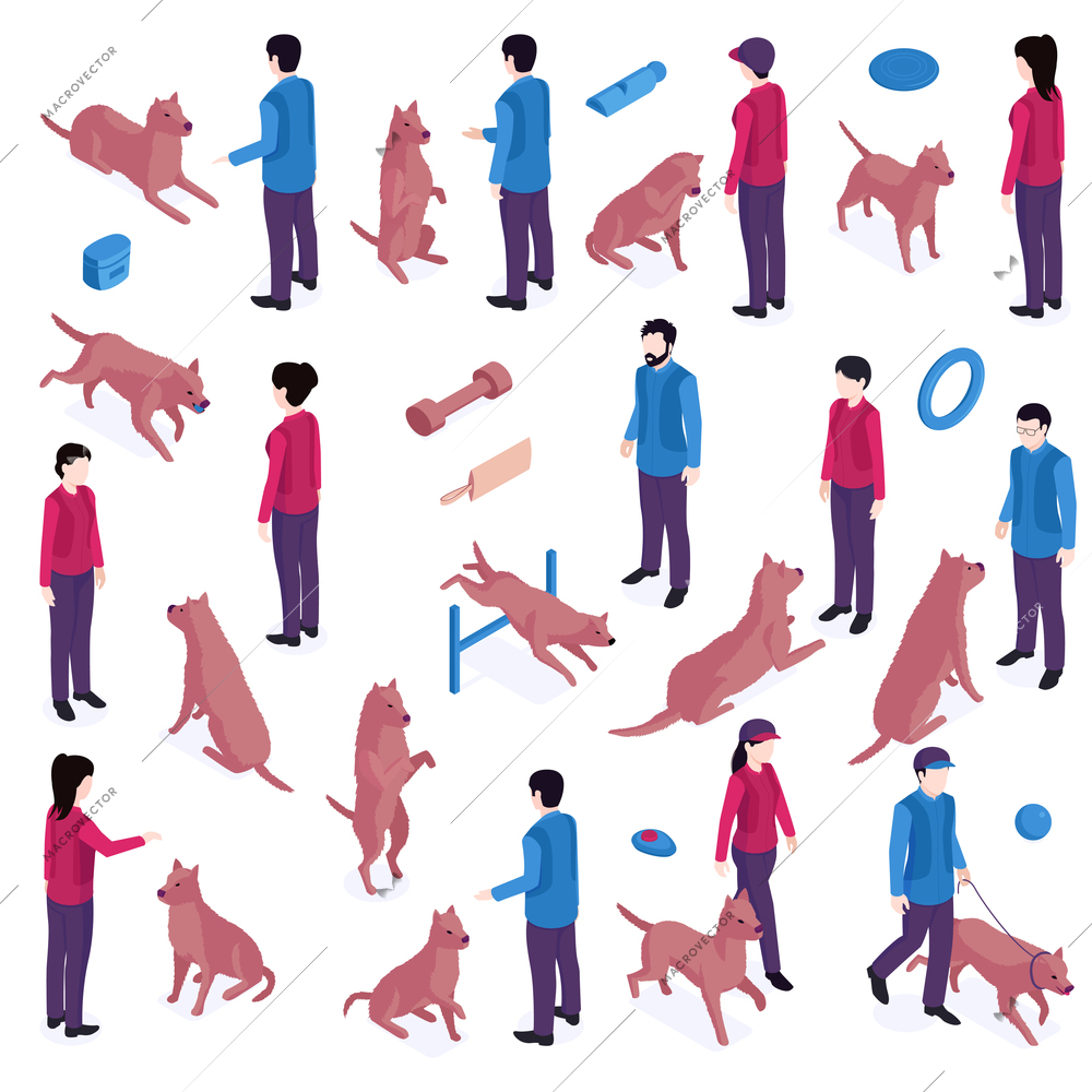 Isometric dog training cynologist set with isolated icons of toys barriers and human characters educating dogs vector illustration