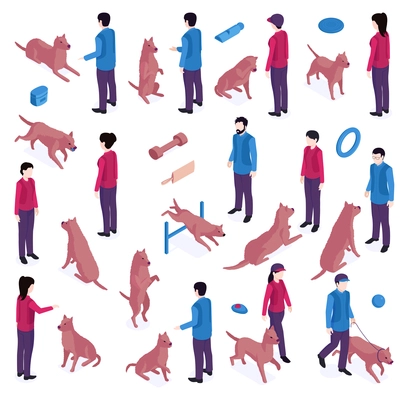 Isometric dog training cynologist set with isolated icons of toys barriers and human characters educating dogs vector illustration