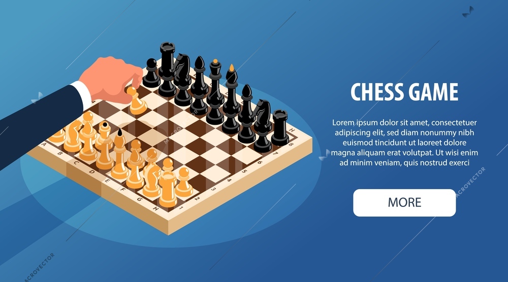 Isometric chess horizontal banner with view of classic chequer board text and hand moving white figure vector illustration