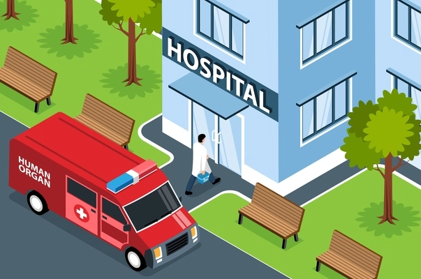 Isometric donor human organs horizontal composition with outdoor view of hospital building emergency van and doctor vector illustration