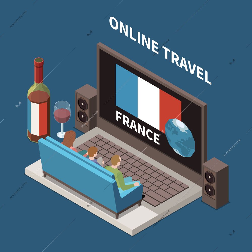 Online travel concept with people watching programme about france on laptop 3d isometric vector illustration