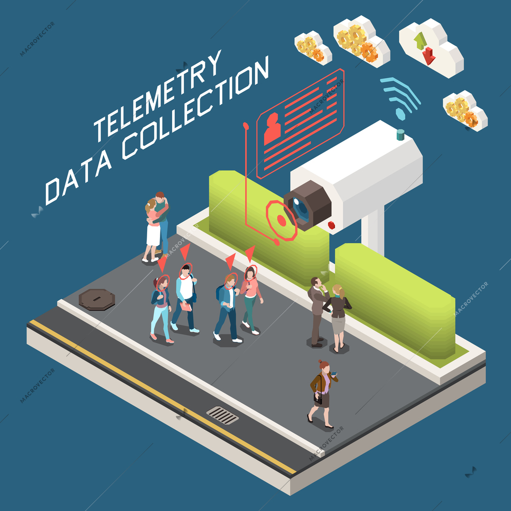 Telemetry isometric color concept with 3d camera and human characters going along street 3d vector illustration