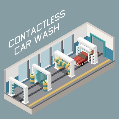 Isometric concept with passenger auto being cleaned at contactless car wash 3d vector illustration