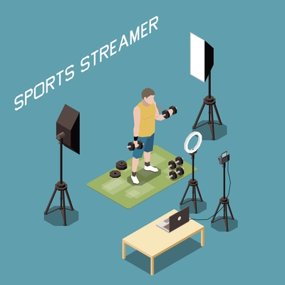 Sports streamer training with dumbbells live 3d isometric vector illustration