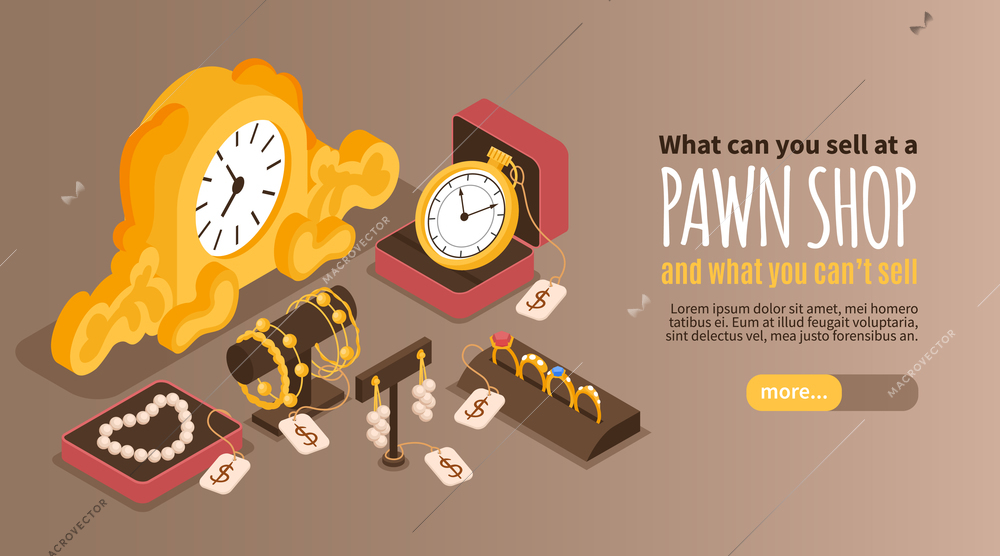 Pawn shop horizontal web banner offering valuable items which we can sell or pawn isometric  vector illustration