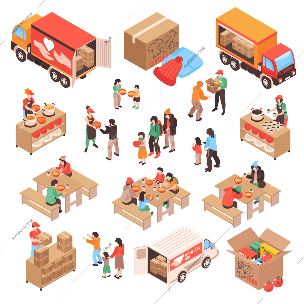 Charity isometric set of volunteers delivering food to  homeless and poor people giving food to beggars on street isolated vector illustration