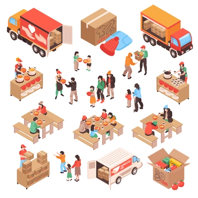 Charity isometric set of volunteers delivering food to  homeless and poor people giving food to beggars on street isolated vector illustration