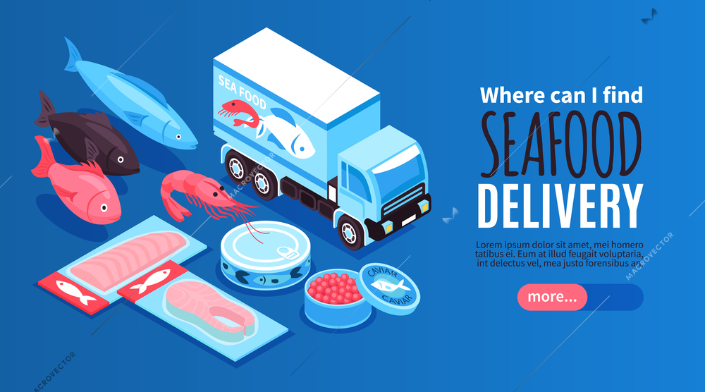 Seafood  horizontal banner with delivery truck and set of fresh packaged and canned fish products isometric vector illustration