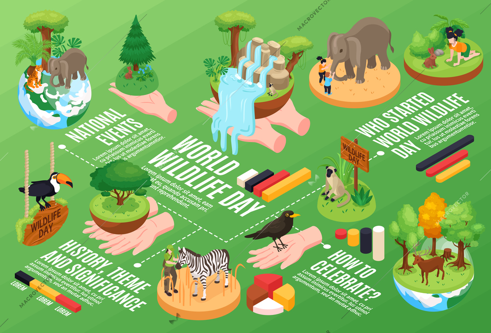 World wildlife day infographics template with information about history theme significance of international holiday isometric vector illustration