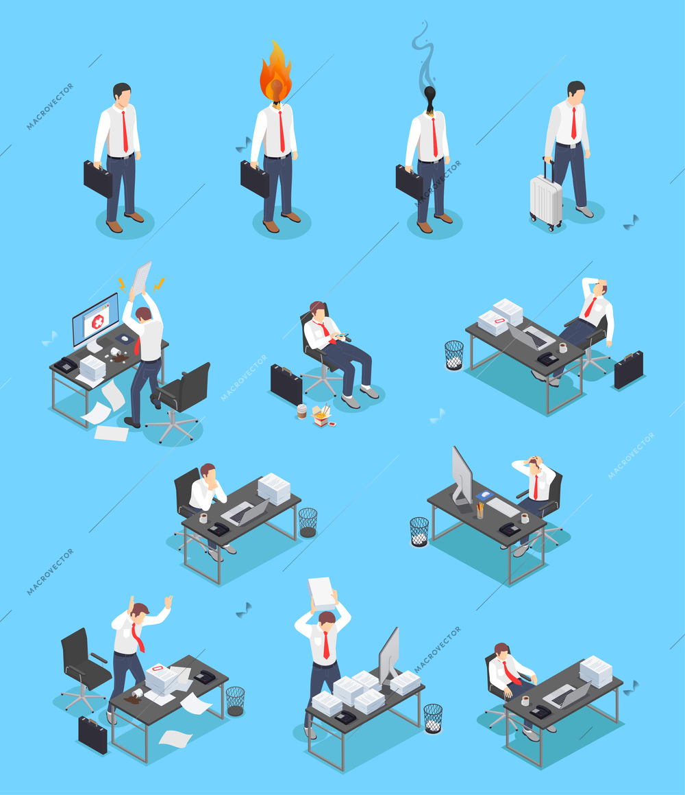 Professional burnout depression frustration isometric set of isolated icons human characters of distracted workers and workspaces vector illustration